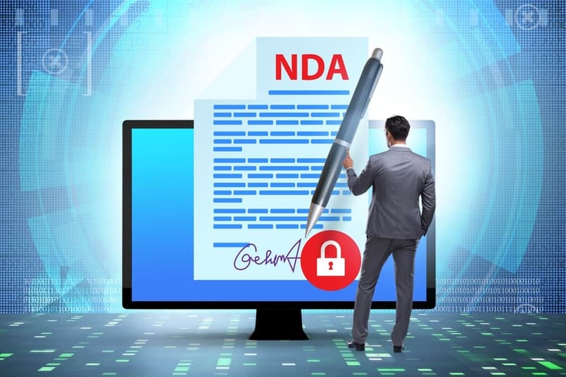 Businessman working on NDA automation on digital screen with pen