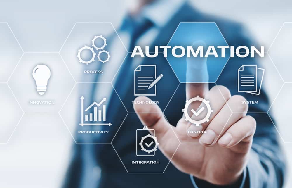 Lawyer pointing to digital icons representing automated contracts