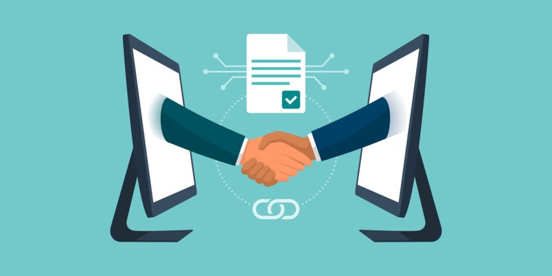 Two businessmen shake hands through computer screens underneath a contract after learning how to automate contracts.