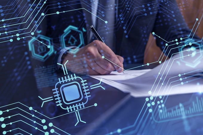 Technological graph illustrating legal artificial intelligence overlays person signing contract