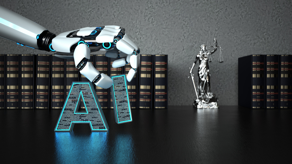 A robot hand moves the letters “A” and “I” in front of books on traditional legal bookshelf.